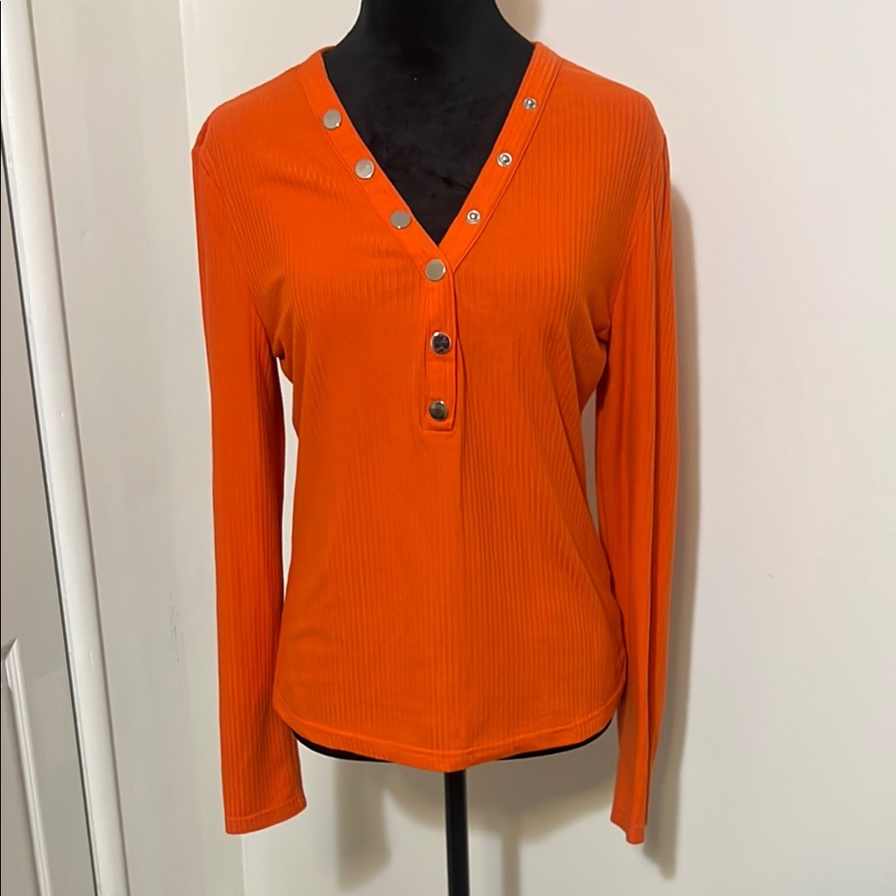 Orange V-Neck Buttoned Women's Top